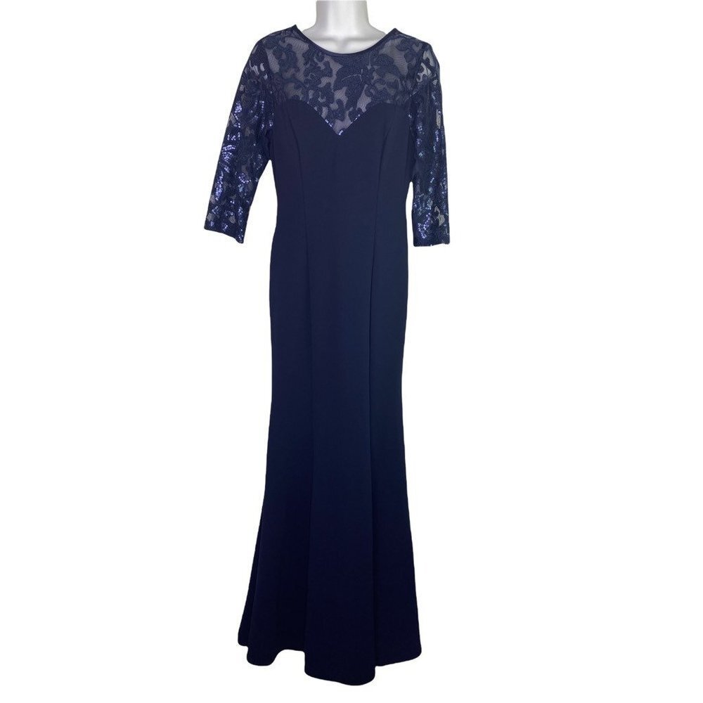 Miss Kim Womens Sheath‎ Dress Blue Floral Stretch Illusion Neck 3/4 Sleeve L New